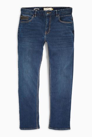 Mid Blue Straight Jeans With Leather Trim